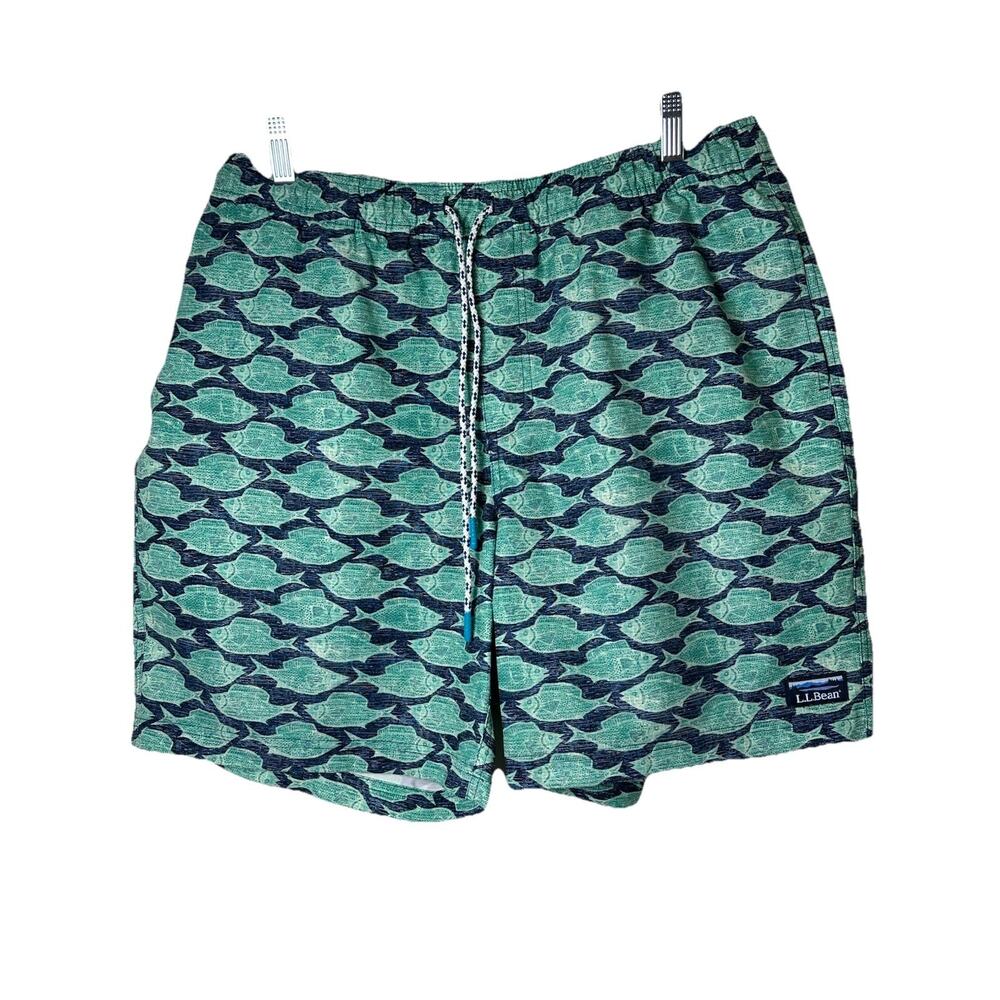 LL Bean Swim Trunks Mens XL Green & Blue Fish Elastic Waist Lined Pockets